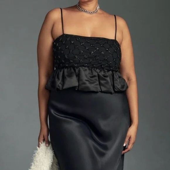 NWT By Anthropologie Beaded Satin Crop Tank  in Black Size Large - Picture 3 of 10